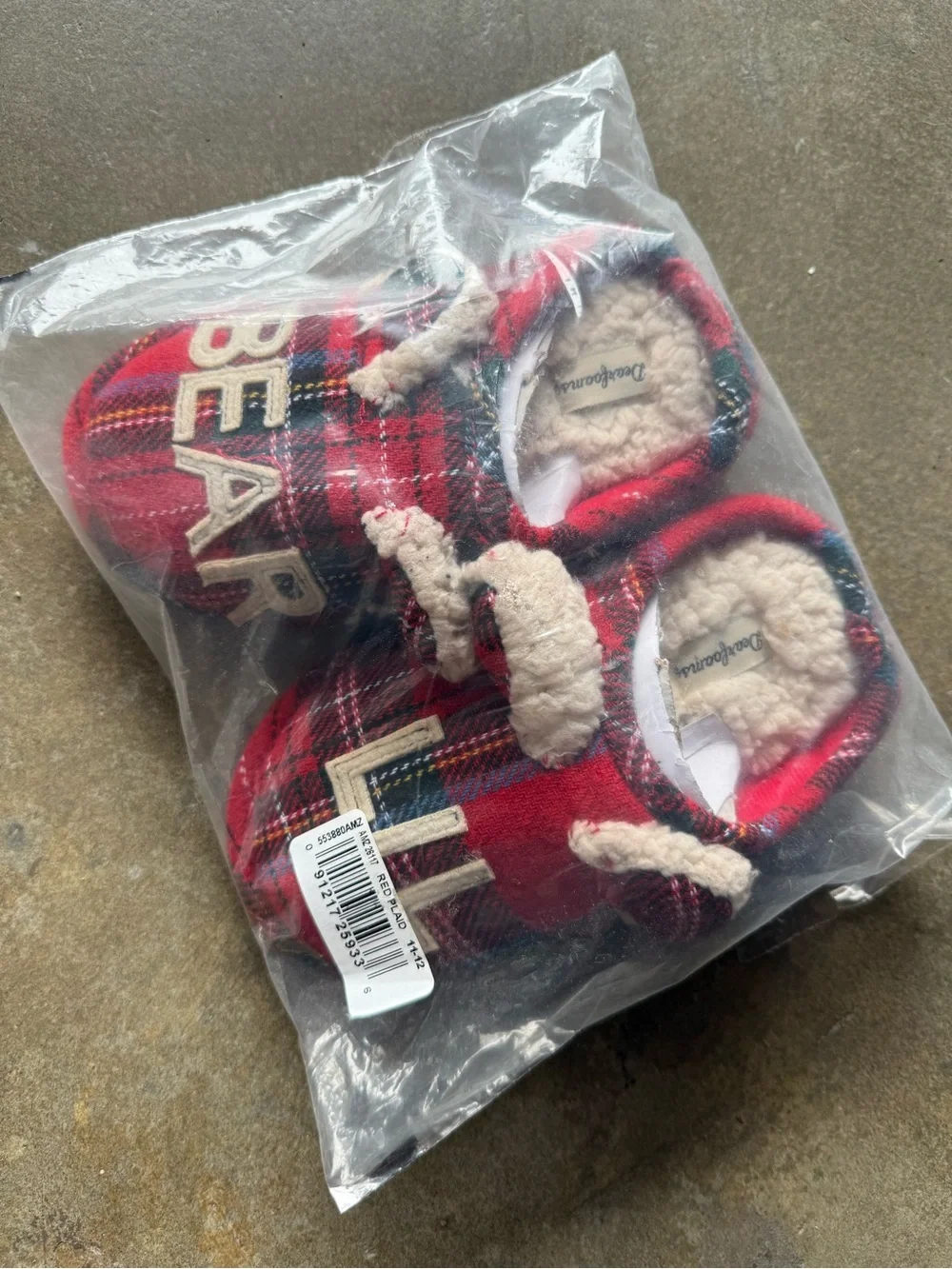 Dearfoams Red Plaid 'Lil BEAR' Sherpa-Lined Kids Slippers